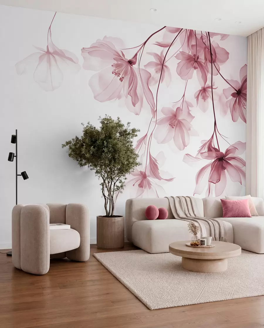 murais de parede Flores cor-de-rosa com pétalas translúcidas penduradas num ramo, cor-de-rosa e branco, composição de arte moderna minimalista w08911v2