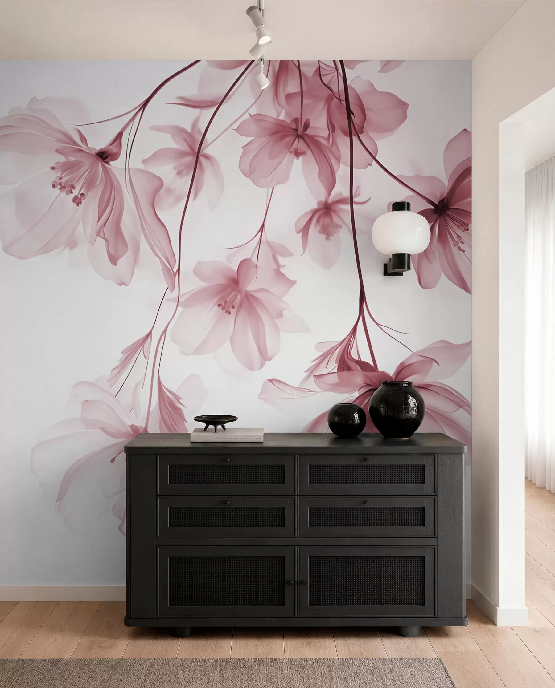 murais de parede Flores cor-de-rosa com pétalas translúcidas penduradas num ramo, cor-de-rosa e branco, composição de arte moderna minimalista w08911v2