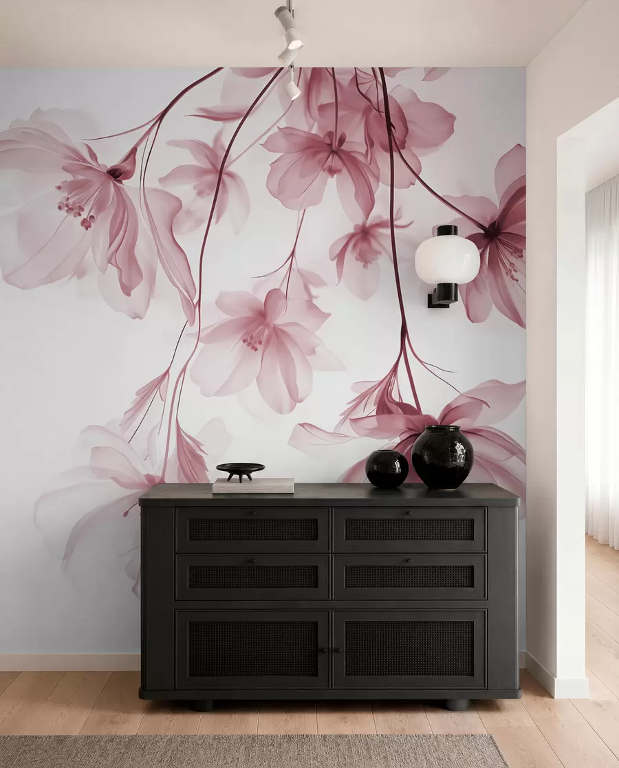 murais de parede Flores cor-de-rosa com pétalas translúcidas penduradas num ramo, cor-de-rosa e branco, composição de arte moderna minimalista w08911v2