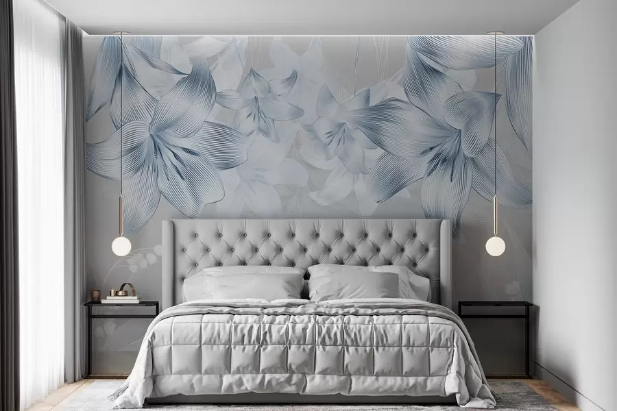 murais de parede Lírios azuis com pormenores de linhas intrincadas, arranjo floral elegante, paleta de cores neutras w08912v1