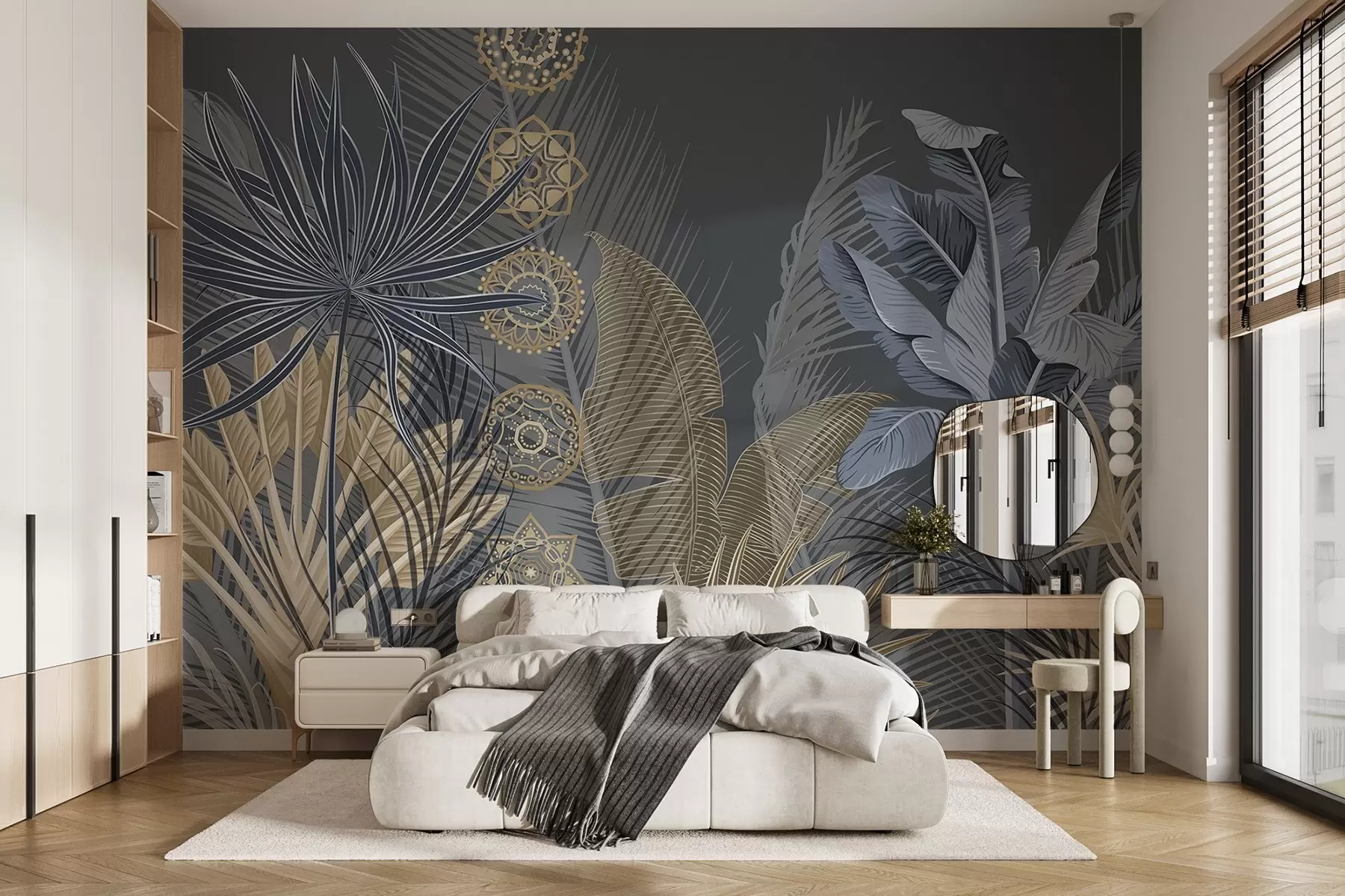 murais de parede Folhas tropicais em tons de azul e castanho, folhas de palmeira, folhas de bananeira e ornamentos de mandala, fundo escuro w08913