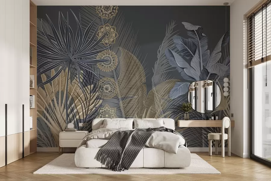 murais de parede Folhas tropicais em tons de azul e castanho, folhas de palmeira, folhas de bananeira e ornamentos de mandala, fundo escuro w08913