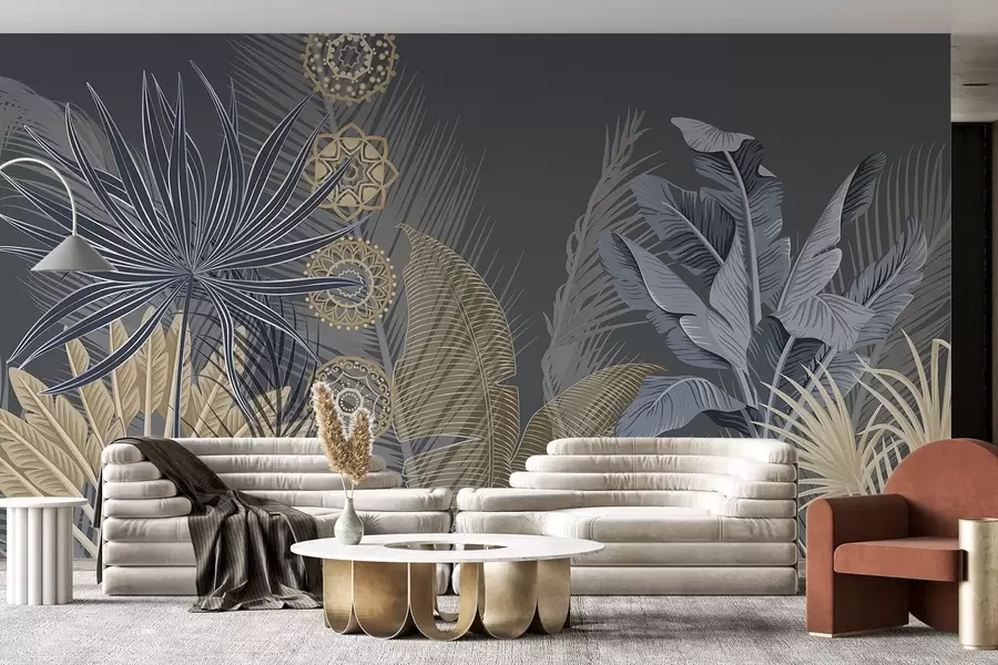 murais de parede Folhas tropicais em tons de azul e castanho, folhas de palmeira, folhas de bananeira e ornamentos de mandala, fundo escuro w08913