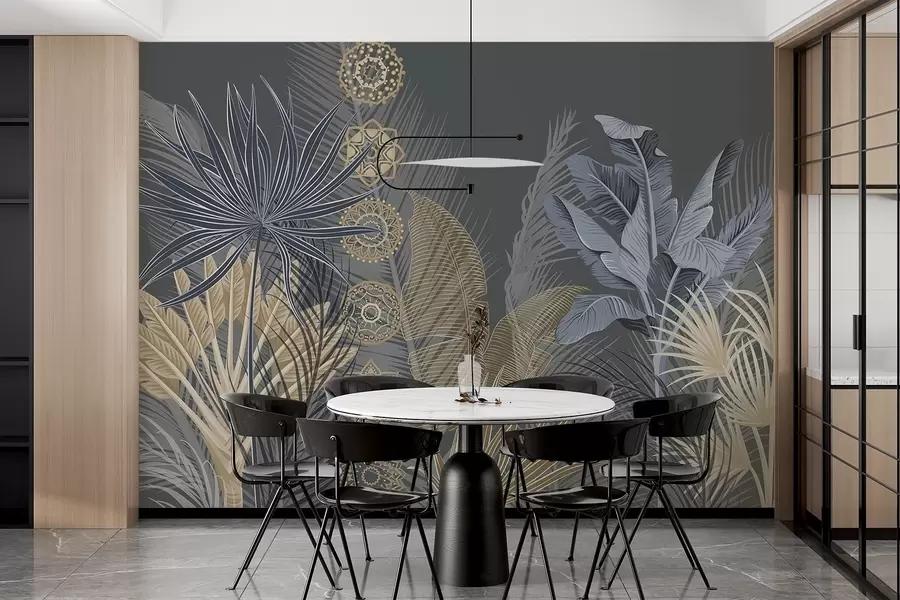 murais de parede Folhas tropicais em tons de azul e castanho, folhas de palmeira, folhas de bananeira e ornamentos de mandala, fundo escuro w08913