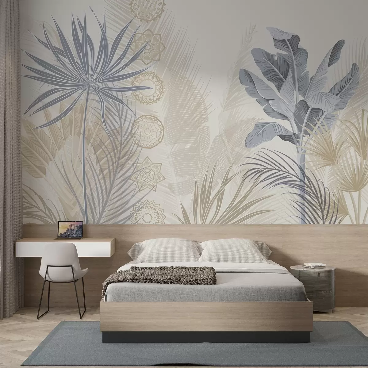 murais de parede Folhas tropicais em tons de azul e bege, folhas de palmeira, folhas de bananeira e ornamentos de mandala, fundo claro w08913v2