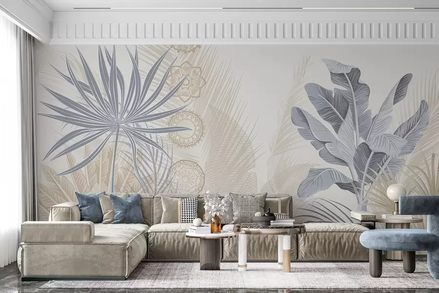 murais de parede Folhas tropicais em tons de azul e bege, folhas de palmeira, folhas de bananeira e ornamentos de mandala, fundo claro w08913v2