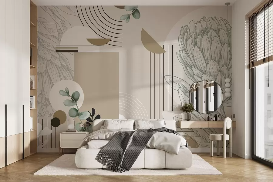 murais de parede Impressão botânica abstrata com flor de protea, folhas de eucalipto, formas geométricas num estilo minimalista, cores pastel w08914