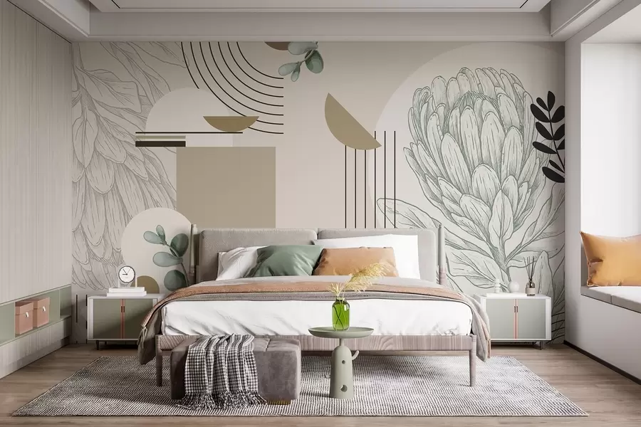 murais de parede Impressão botânica abstrata com flor de protea, folhas de eucalipto, formas geométricas num estilo minimalista, cores pastel w08914
