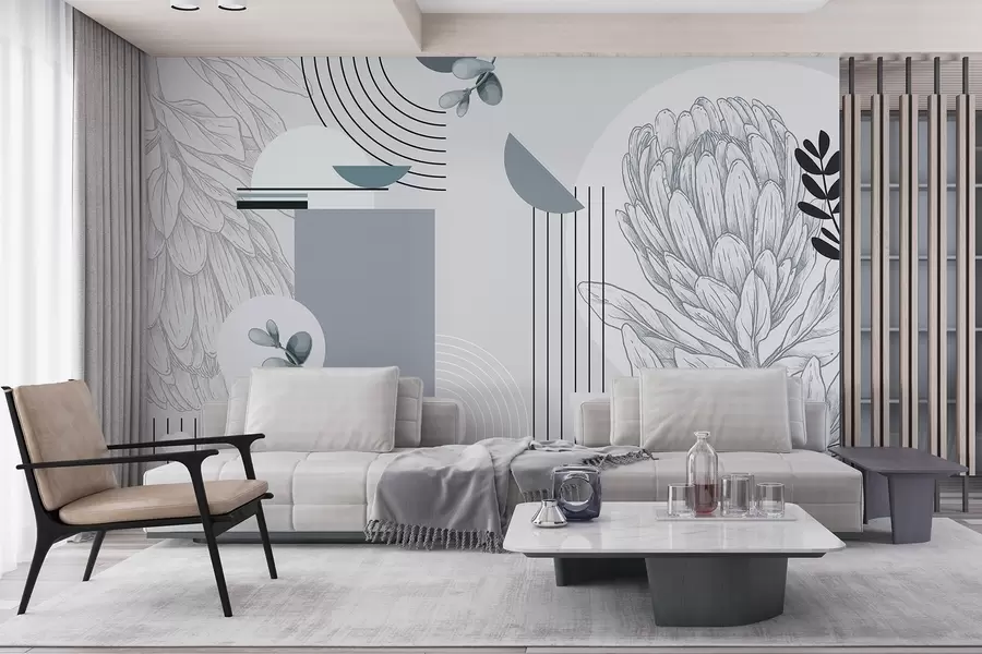 murais de parede Impressão botânica abstrata com flor de protea, folhas de eucalipto, formas geométricas num estilo minimalista, cores pastel w08914v1