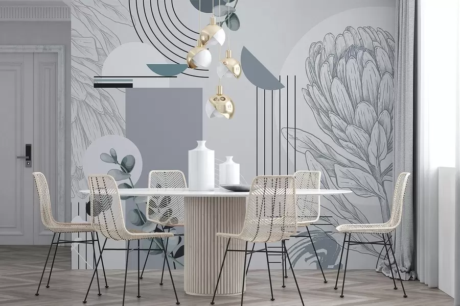 murais de parede Impressão botânica abstrata com flor de protea, folhas de eucalipto, formas geométricas num estilo minimalista, cores pastel w08914v1