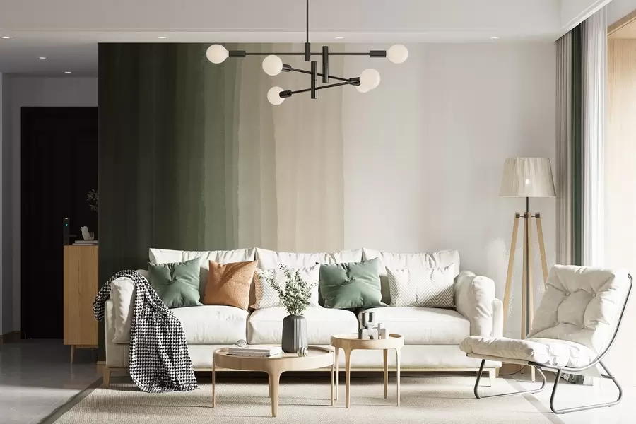 murais de parede Impressão abstrata minimalista em gradiente com riscas verticais de verde escuro, bege e branco  w08915