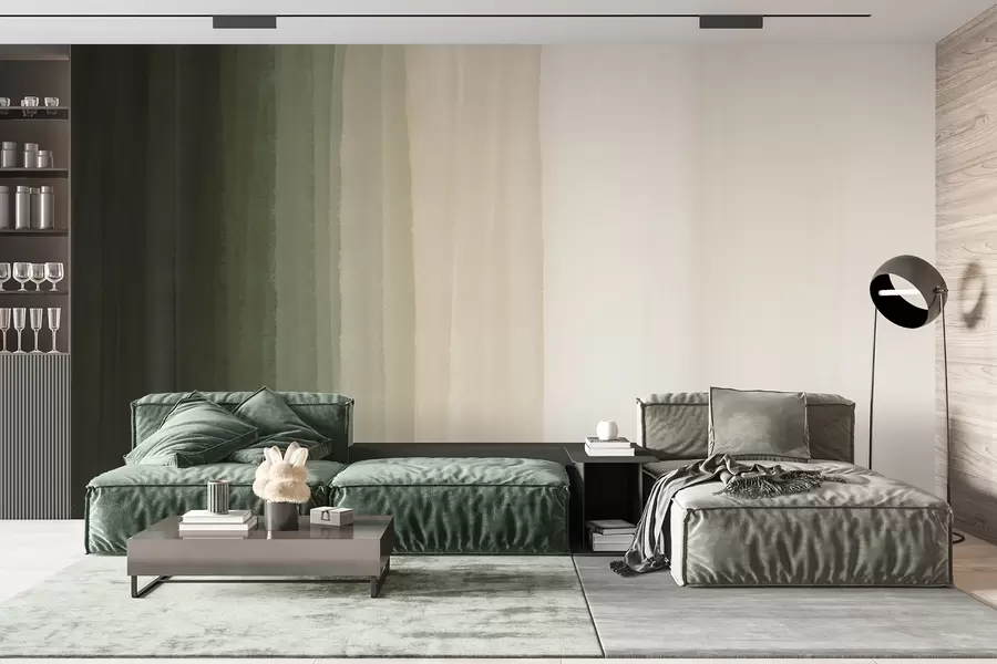 murais de parede Impressão abstrata minimalista em gradiente com riscas verticais de verde escuro, bege e branco  w08915