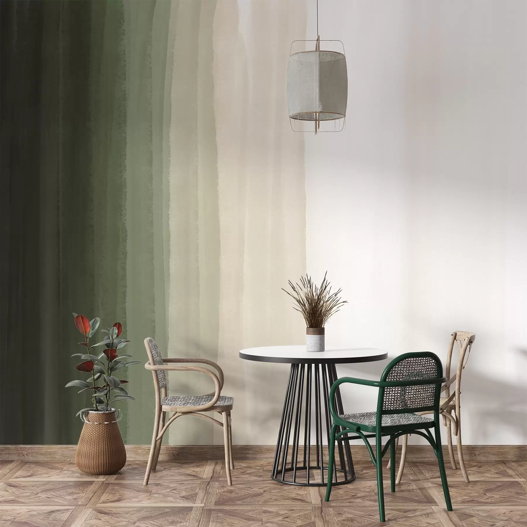 murais de parede Impressão abstrata minimalista em gradiente com riscas verticais de verde escuro, bege e branco  w08915