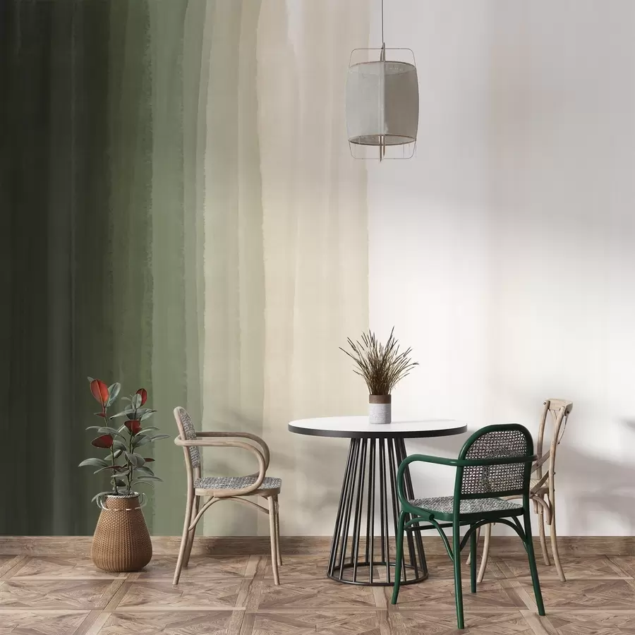 murais de parede Impressão abstrata minimalista em gradiente com riscas verticais de verde escuro, bege e branco  w08915