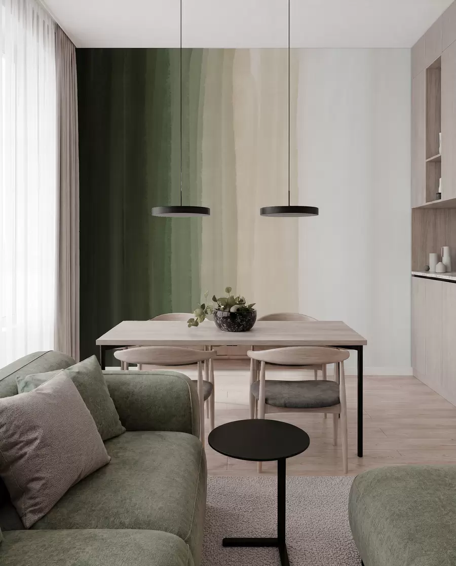 murais de parede Impressão abstrata minimalista em gradiente com riscas verticais de verde escuro, bege e branco  w08915