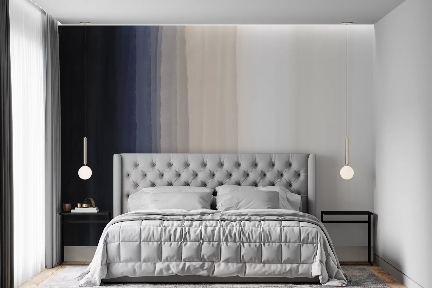 murais de parede Impressão abstrata minimalista em gradiente com riscas verticais de azul escuro, pêssego claro e branco  w08915v1