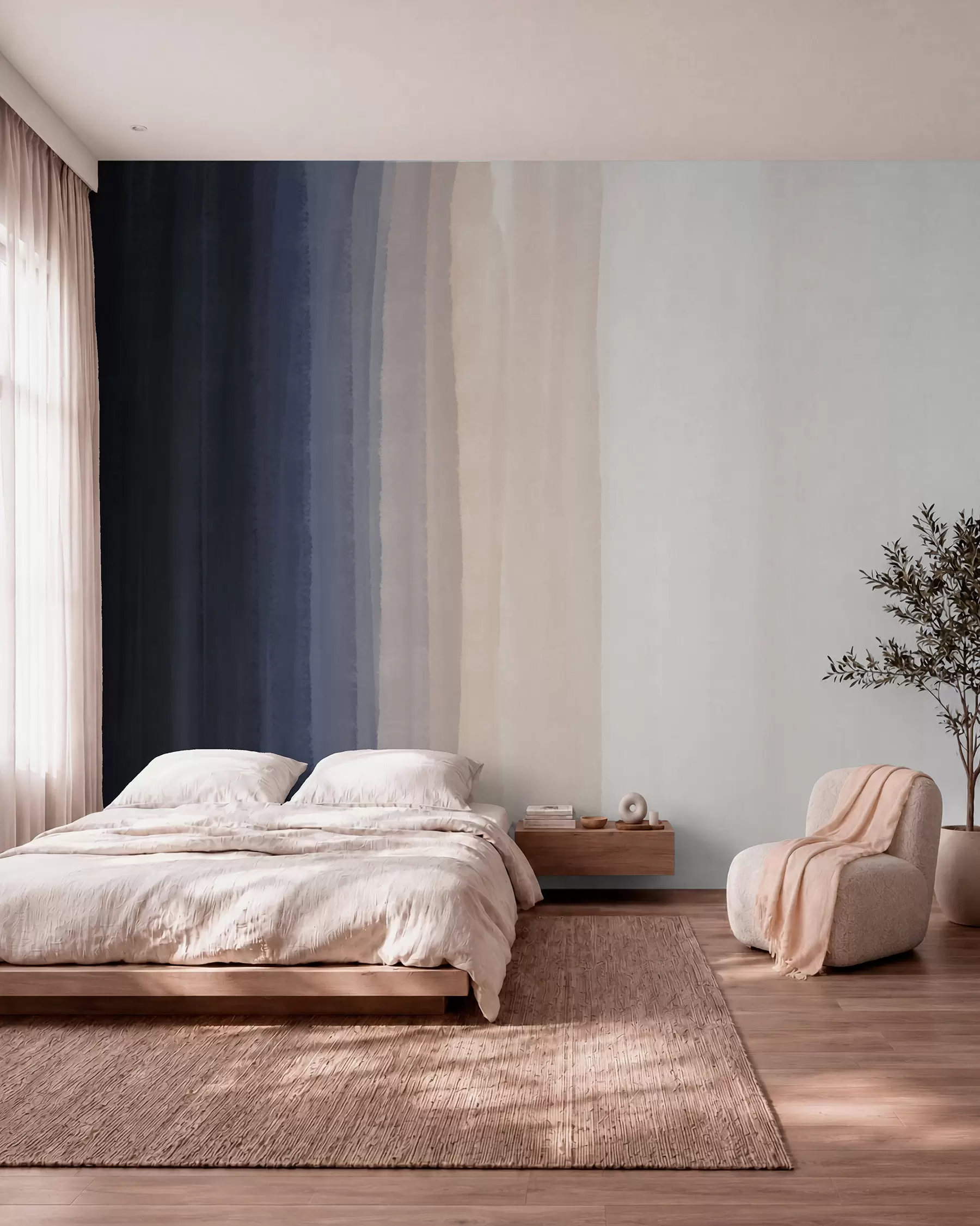 murais de parede Impressão abstrata minimalista em gradiente com riscas verticais de azul escuro, pêssego claro e branco  w08915v1