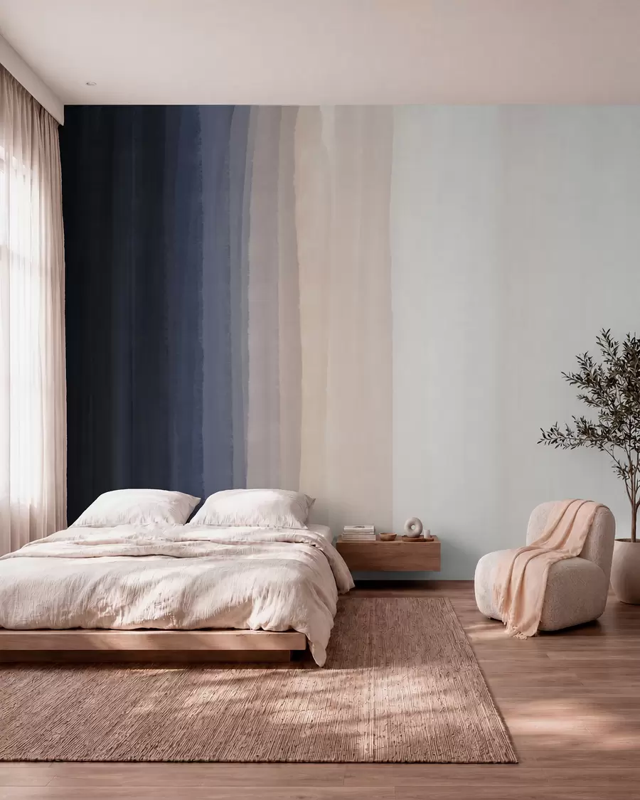 murais de parede Impressão abstrata minimalista em gradiente com riscas verticais de azul escuro, pêssego claro e branco  w08915v1