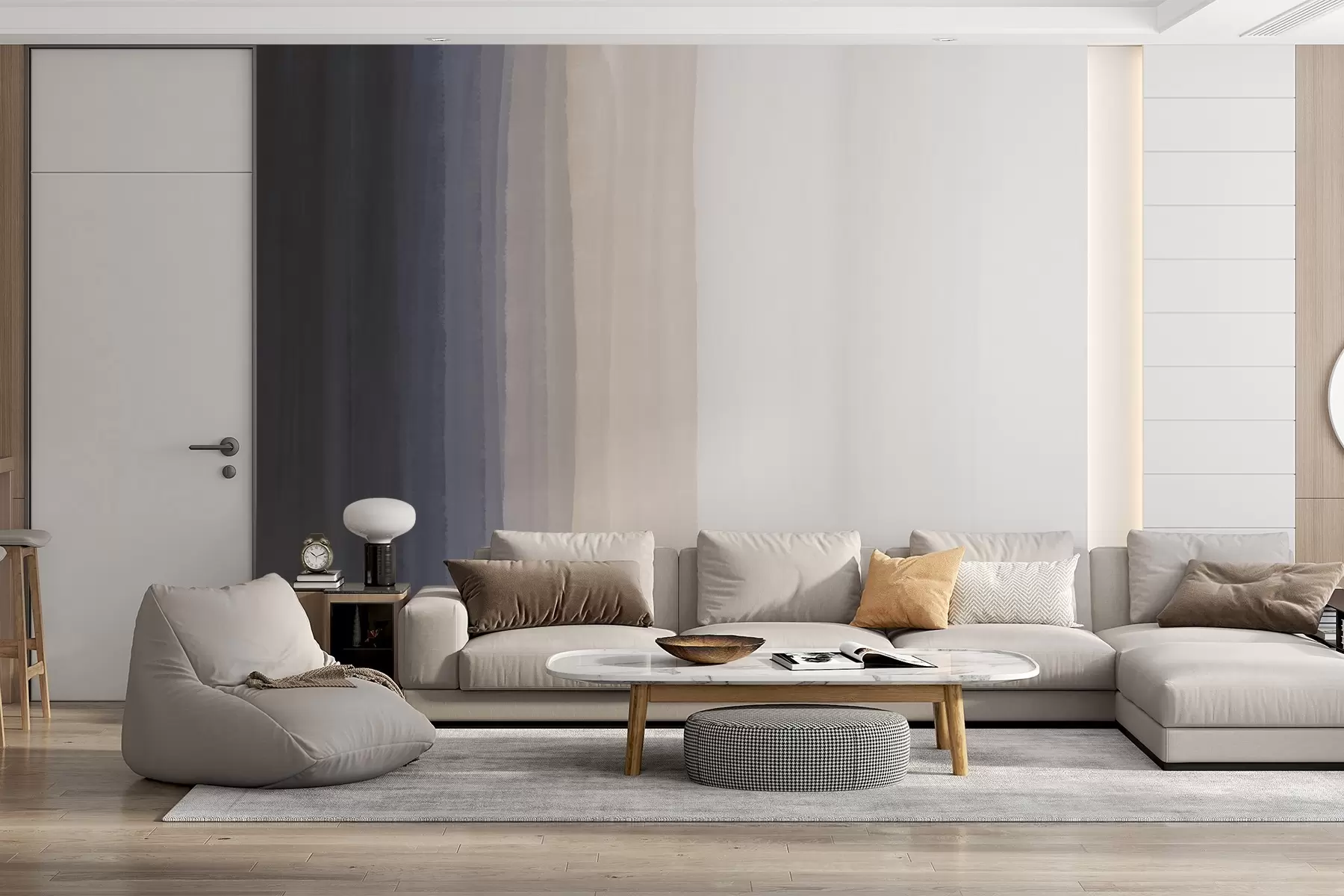 murais de parede Impressão abstrata minimalista em gradiente com riscas verticais de azul escuro, pêssego claro e branco  w08915v1