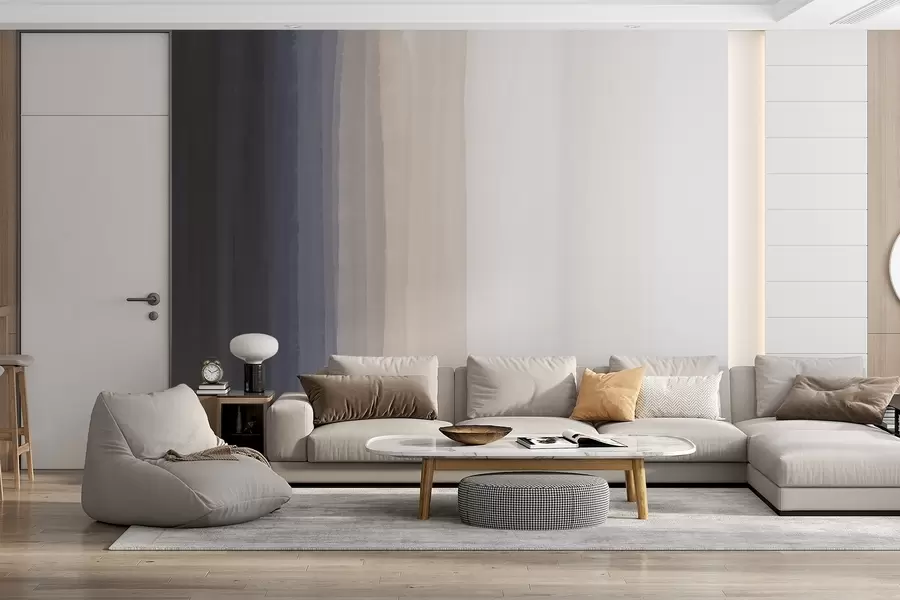 murais de parede Impressão abstrata minimalista em gradiente com riscas verticais de azul escuro, pêssego claro e branco  w08915v1