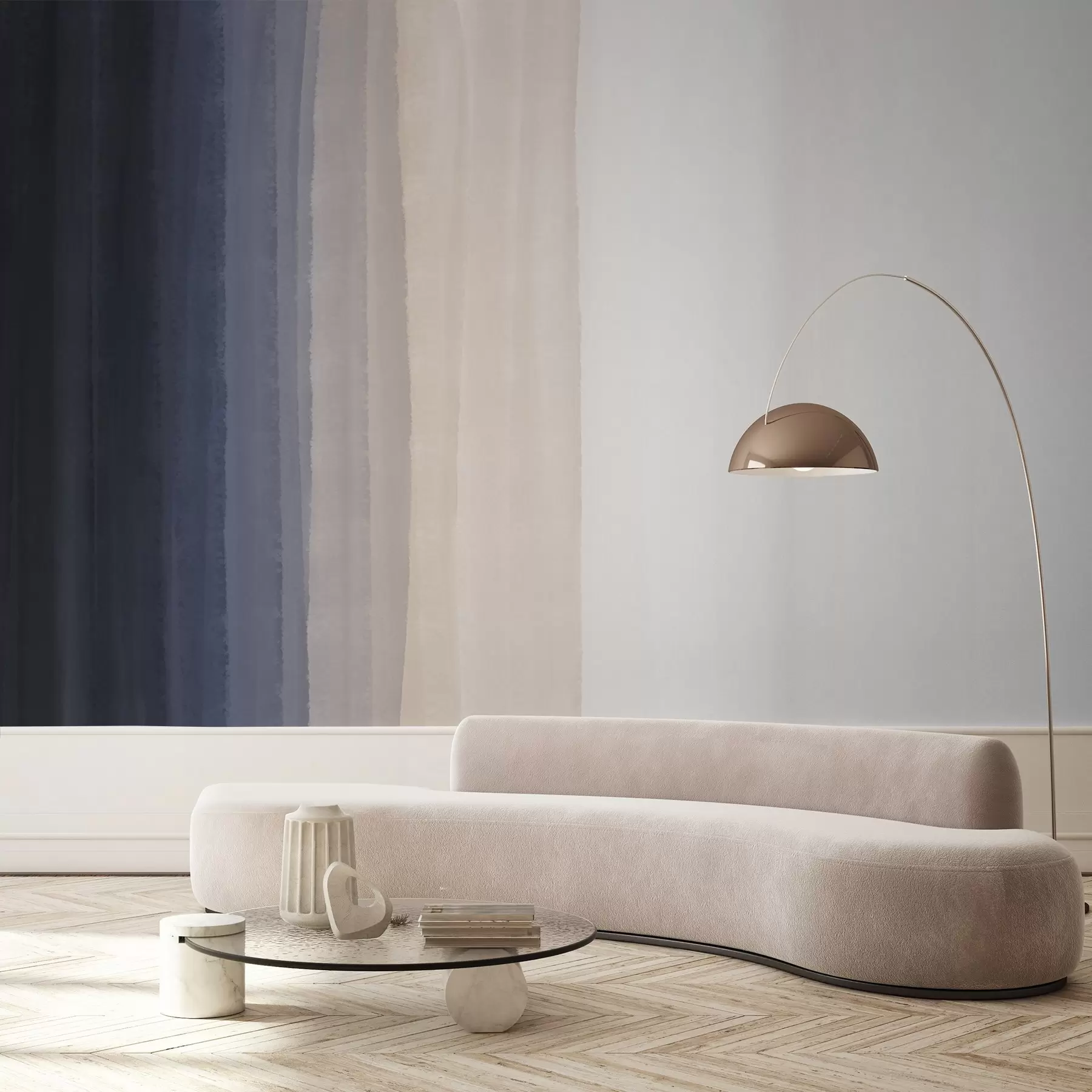 murais de parede Impressão abstrata minimalista em gradiente com riscas verticais de azul escuro, pêssego claro e branco  w08915v1