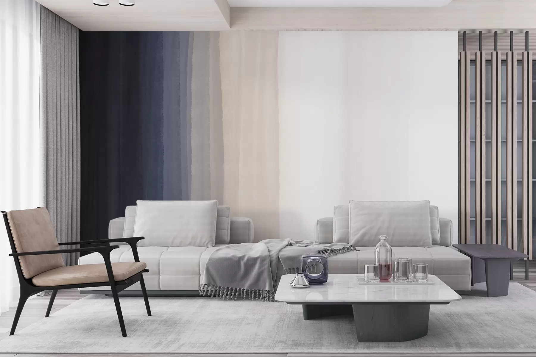 murais de parede Impressão abstrata minimalista em gradiente com riscas verticais de azul escuro, pêssego claro e branco  w08915v1