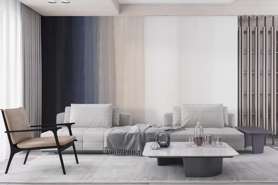 murais de parede Impressão abstrata minimalista em gradiente com riscas verticais de azul escuro, pêssego claro e branco  w08915v1