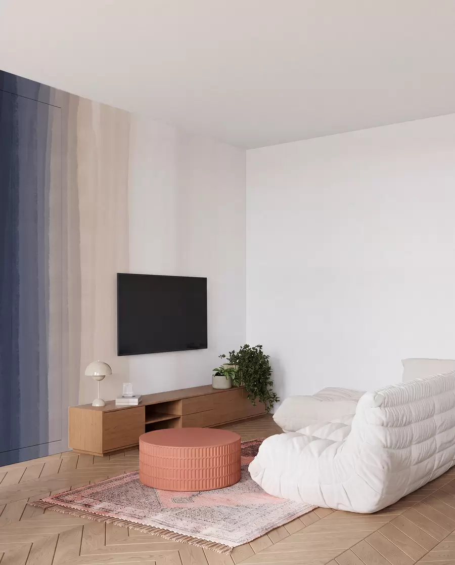 murais de parede Impressão abstrata minimalista em gradiente com riscas verticais de azul escuro, pêssego claro e branco  w08915v1