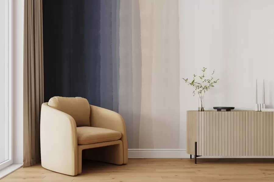 murais de parede Impressão abstrata minimalista em gradiente com riscas verticais de azul escuro, pêssego claro e branco  w08915v1