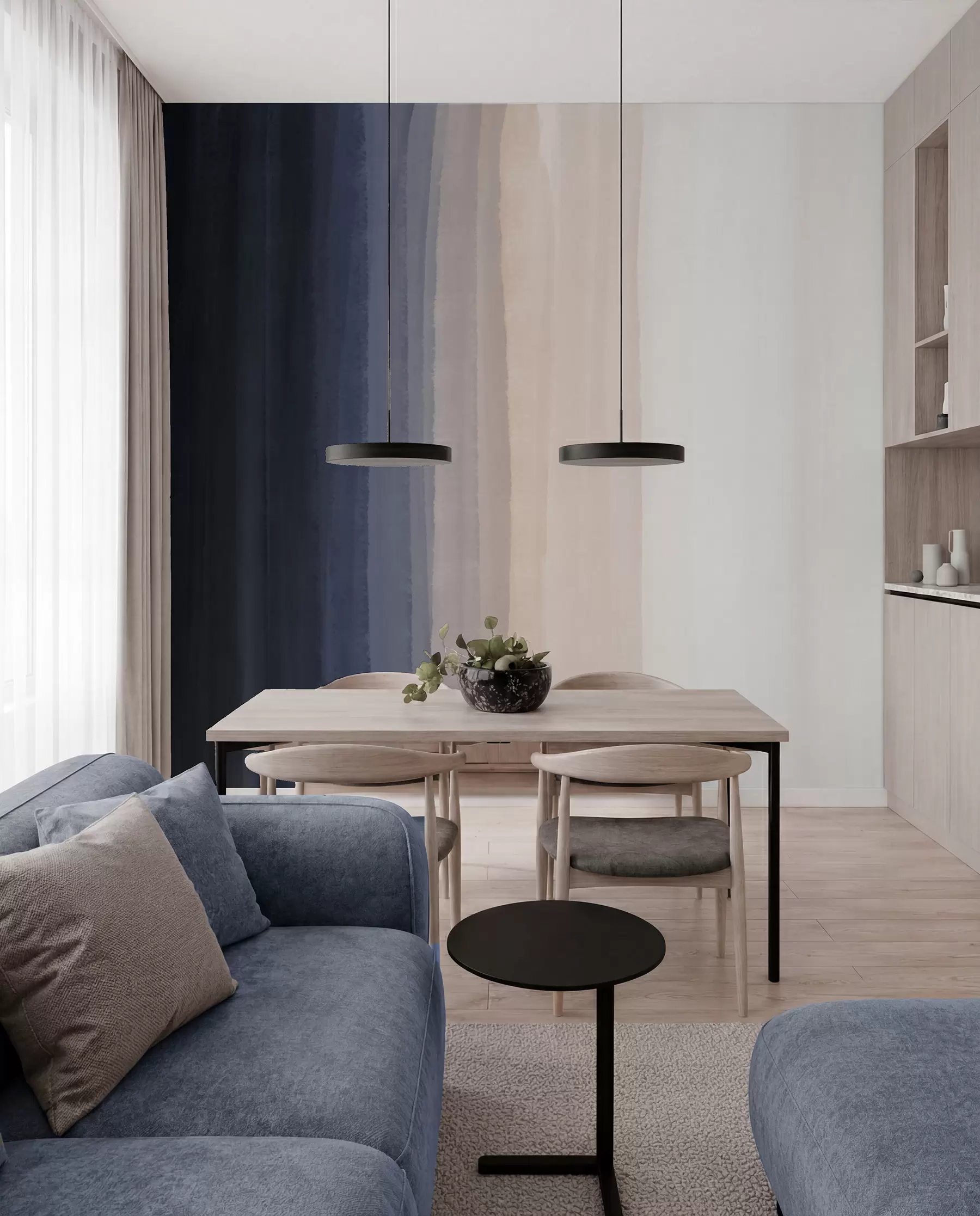 murais de parede Impressão abstrata minimalista em gradiente com riscas verticais de azul escuro, pêssego claro e branco  w08915v1
