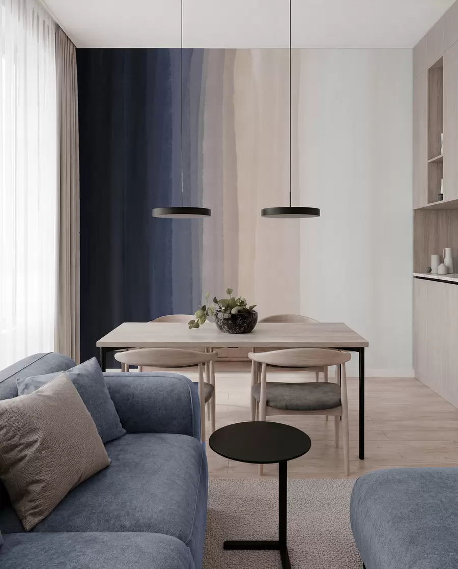 murais de parede Impressão abstrata minimalista em gradiente com riscas verticais de azul escuro, pêssego claro e branco  w08915v1