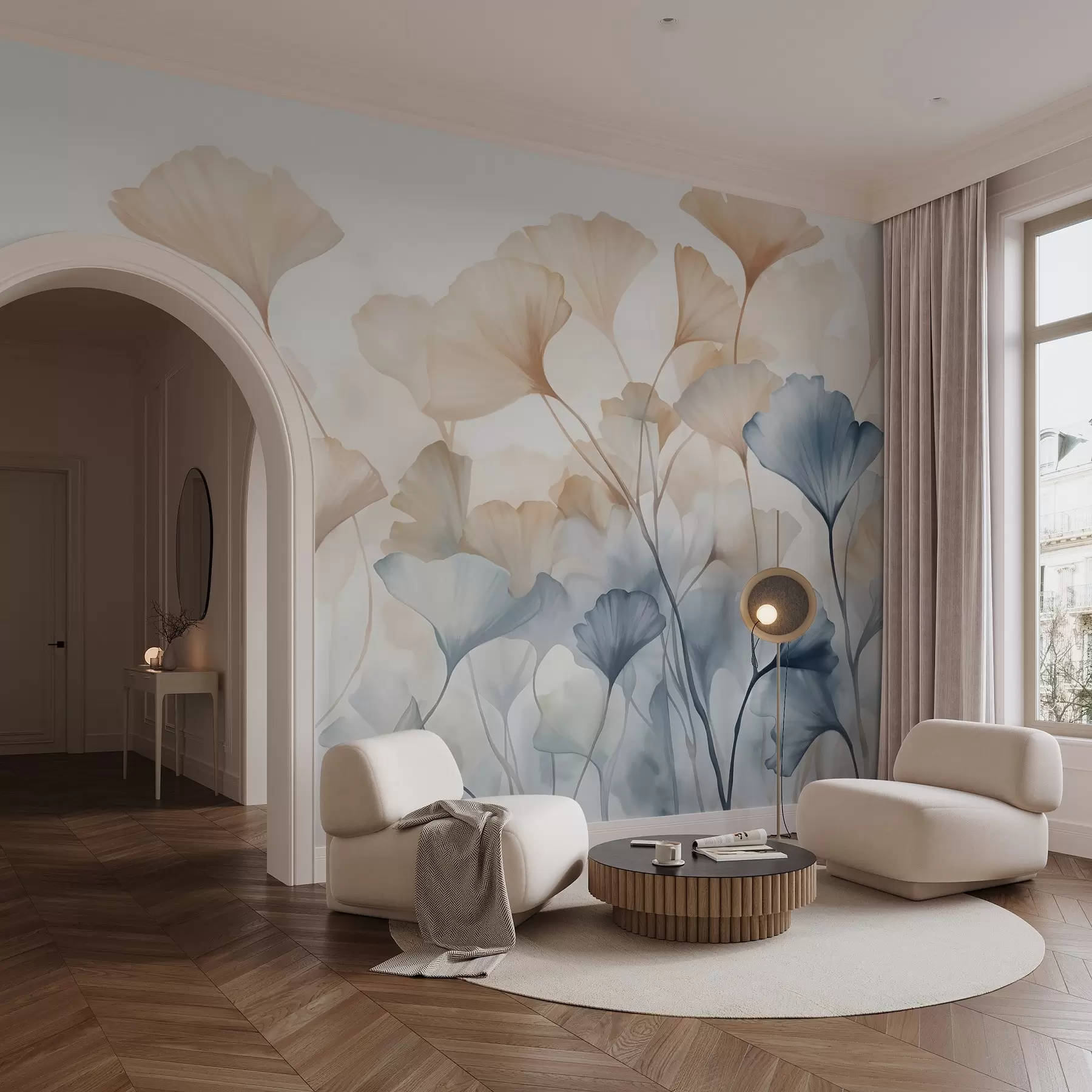 murais de parede Folhas de ginkgo em aguarela azul e laranja, pétalas translúcidas, caules delicados, paleta de cores suaves w08917