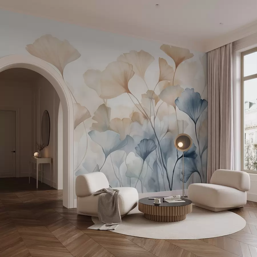 murais de parede Folhas de ginkgo em aguarela azul e laranja, pétalas translúcidas, caules delicados, paleta de cores suaves w08917