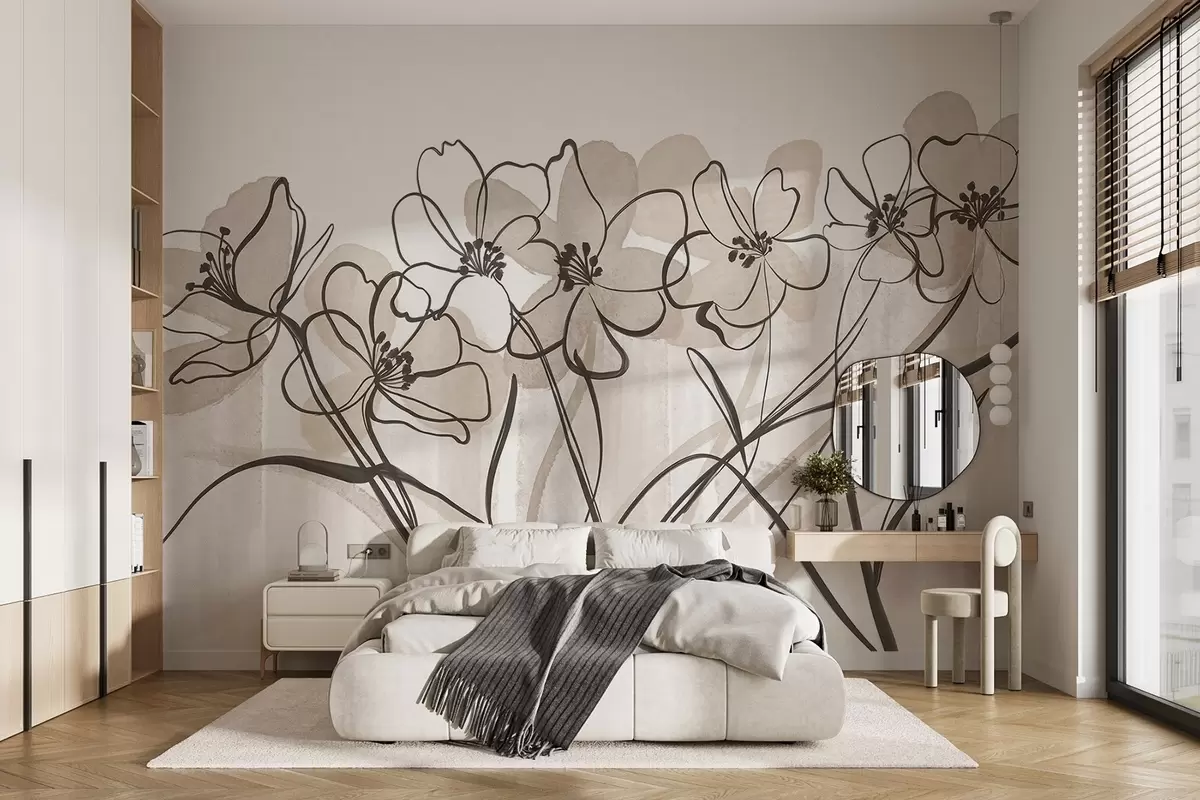 murais de parede Flores minimalistas em line-art com pétalas bege e castanhas, caules longos, fundo bege claro w08918