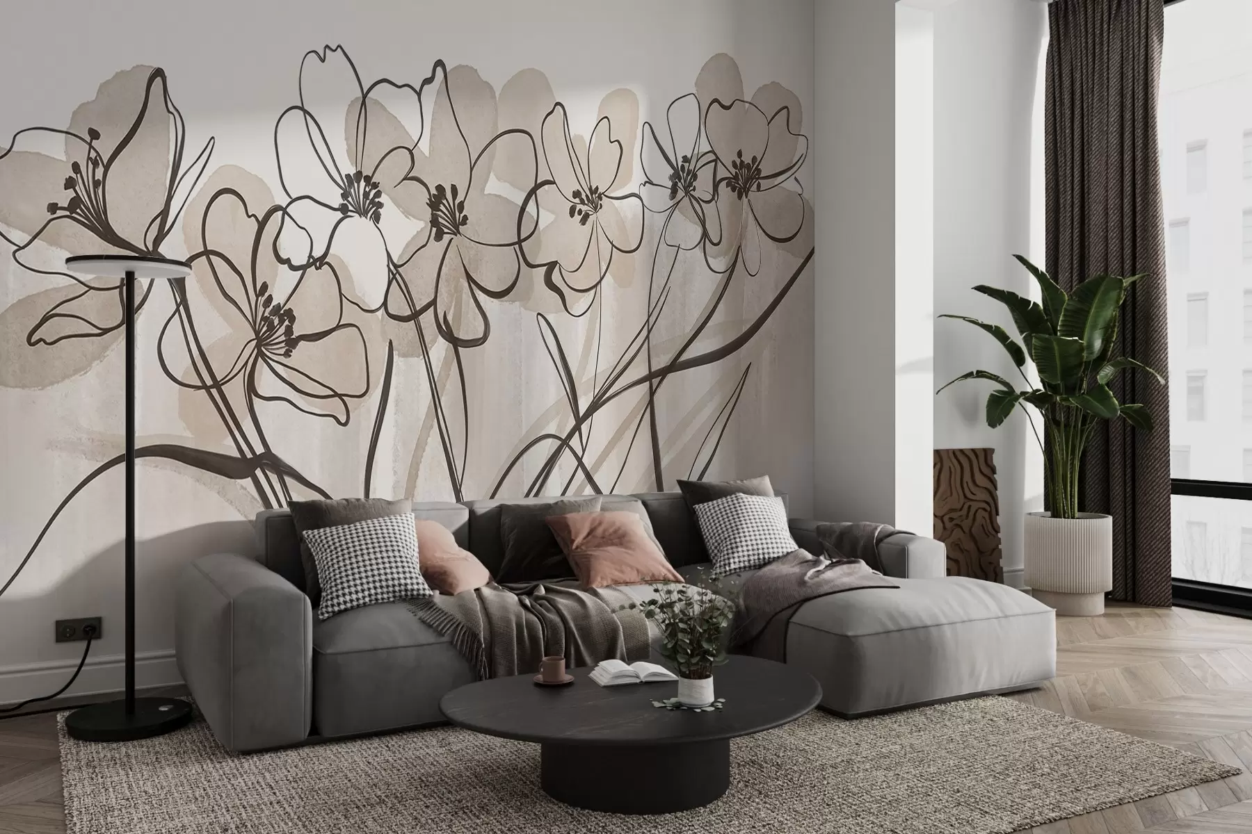 murais de parede Flores minimalistas em line-art com pétalas bege e castanhas, caules longos, fundo bege claro w08918