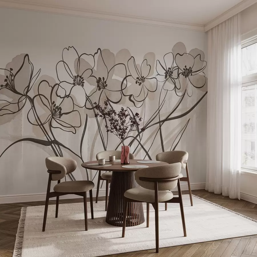 murais de parede Flores minimalistas em line-art com pétalas bege e castanhas, caules longos, fundo bege claro w08918