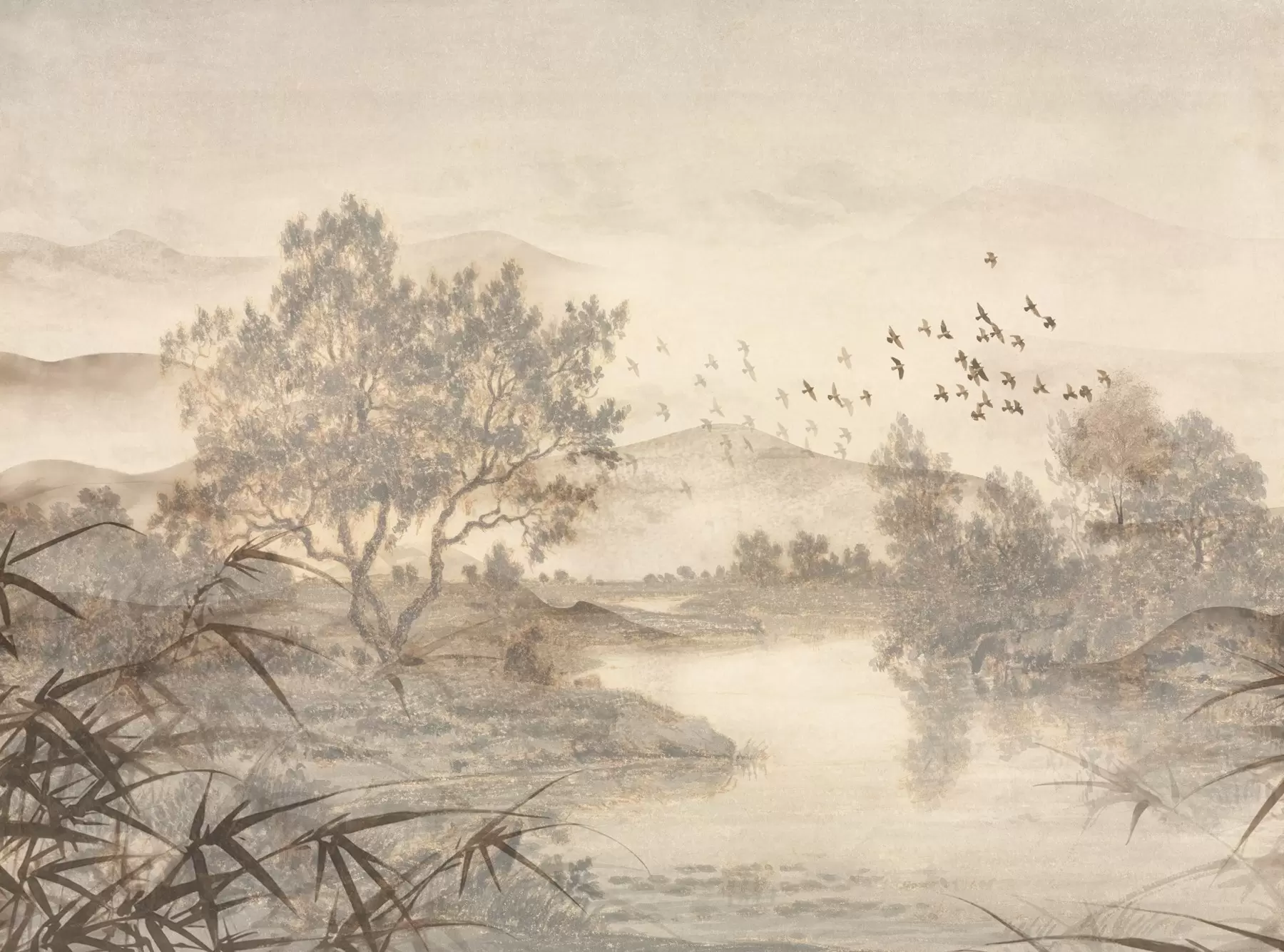 murais de parede Paisagem vintage texturada com uma árvore perto de um rio e um céu nublado, arte da natureza em tons sépia w08920