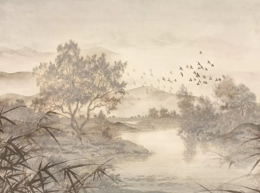 murais de parede Paisagem vintage texturada com uma árvore perto de um rio e um céu nublado, arte da natureza em tons sépia w08920