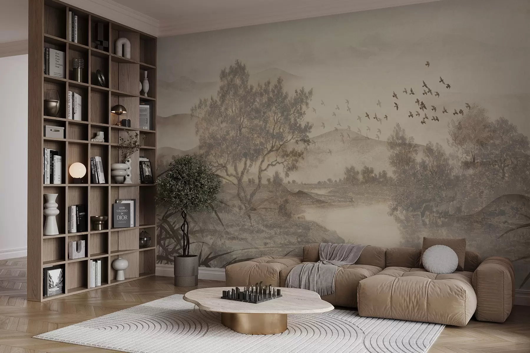 murais de parede Paisagem vintage texturada com uma árvore perto de um rio e um céu nublado, arte da natureza em tons sépia w08920