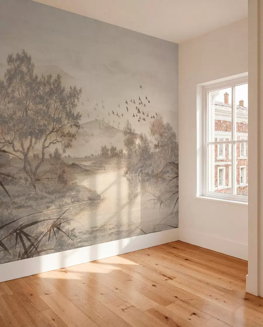 murais de parede Paisagem vintage texturada com uma árvore perto de um rio e um céu nublado, arte da natureza em tons sépia w08920