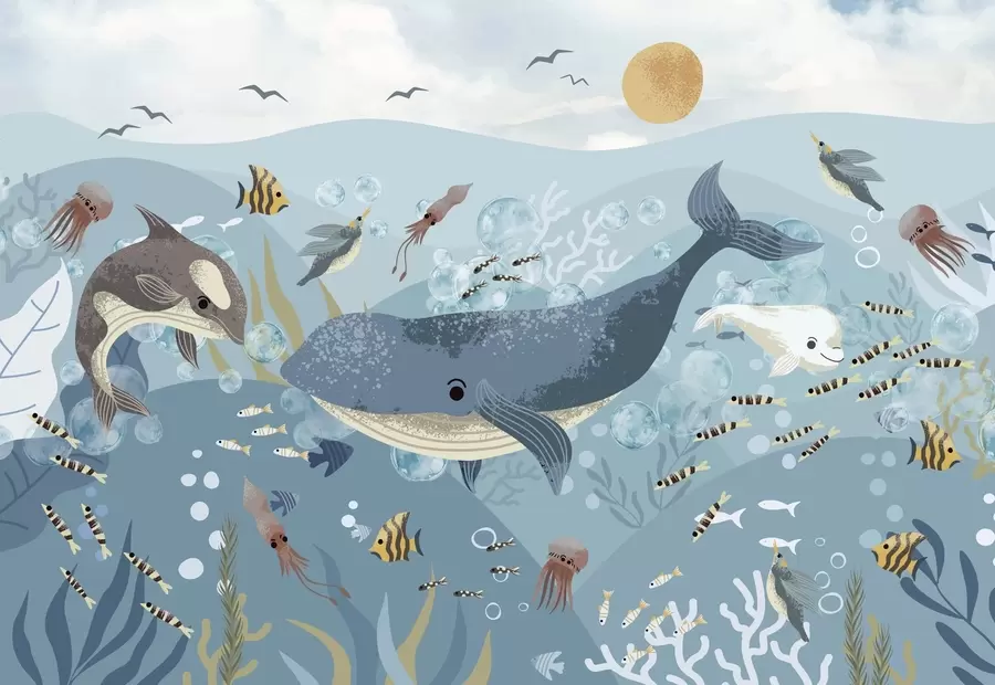 murais de parede Ilustração infantil com uma baleia azul rodeada de peixes, lulas e medusas num oceano azul com bolhas w08921
