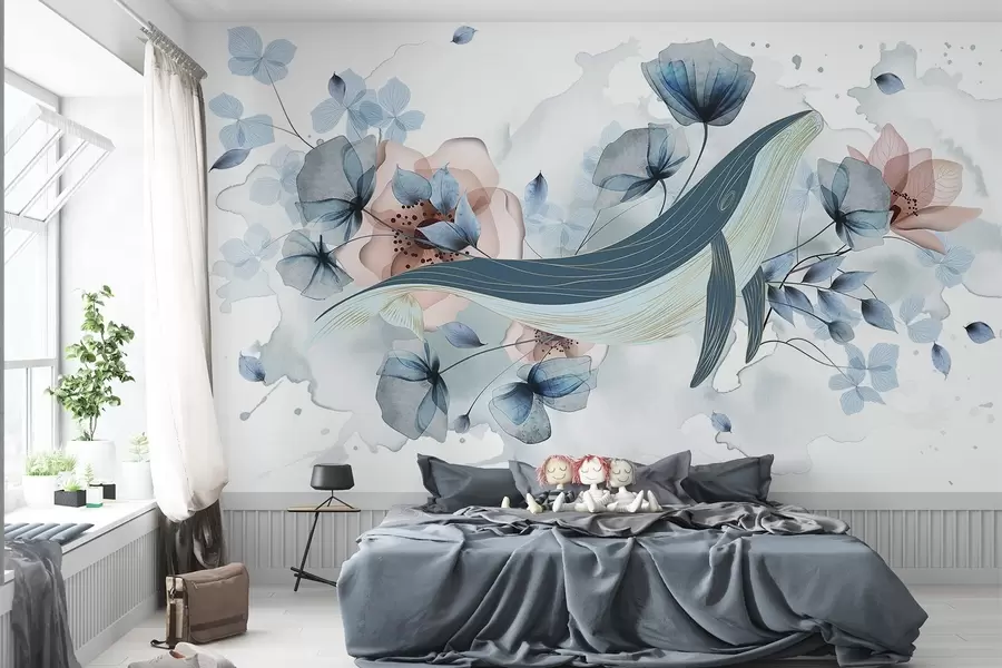 murais de parede Uma baleia azul com flores, estilo aguarela, cores azul claro e rosa, fundo claro w08922