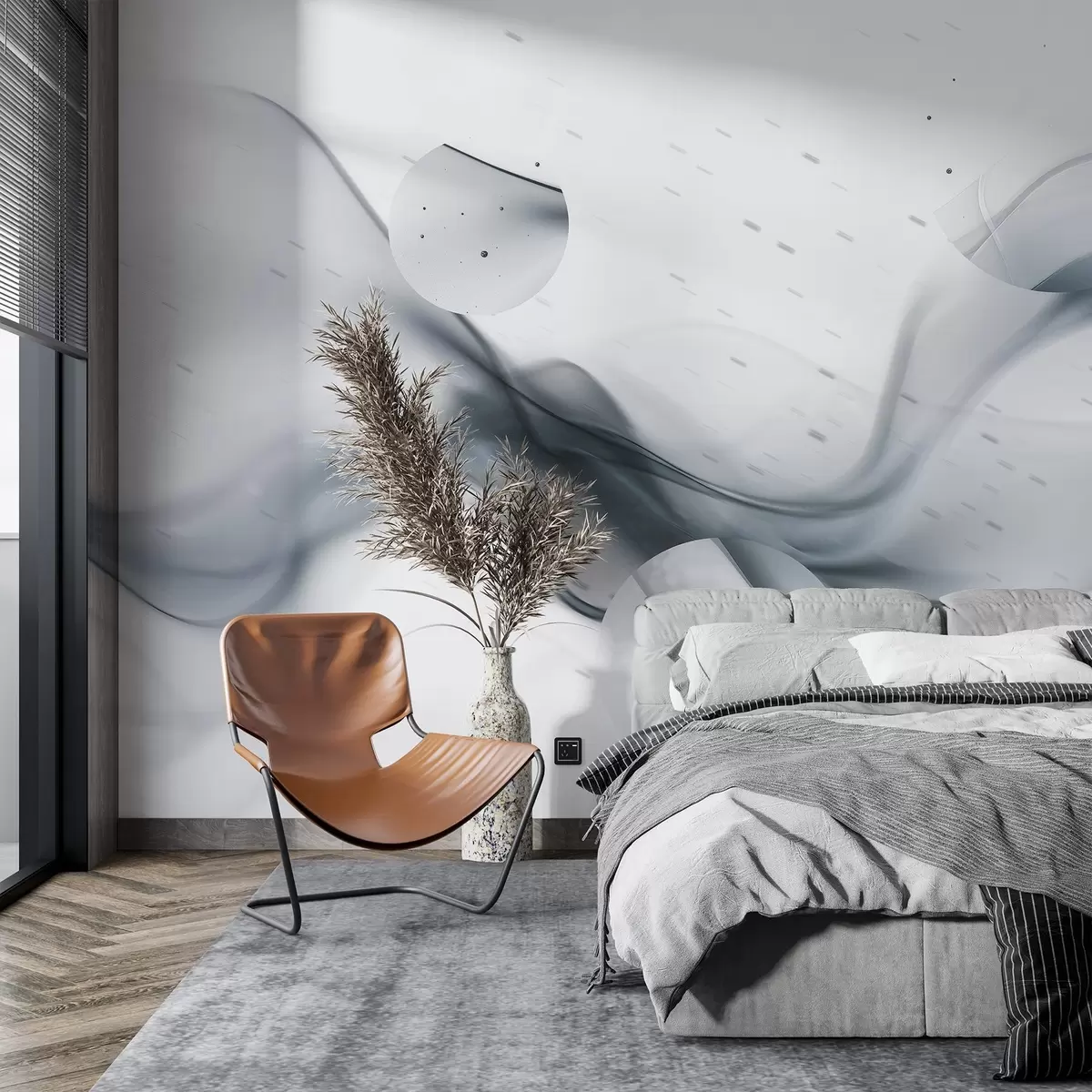 murais de parede Abstração de ondas geométricas, estilo desfocado, gradiente, cores cinzentas w03404v3