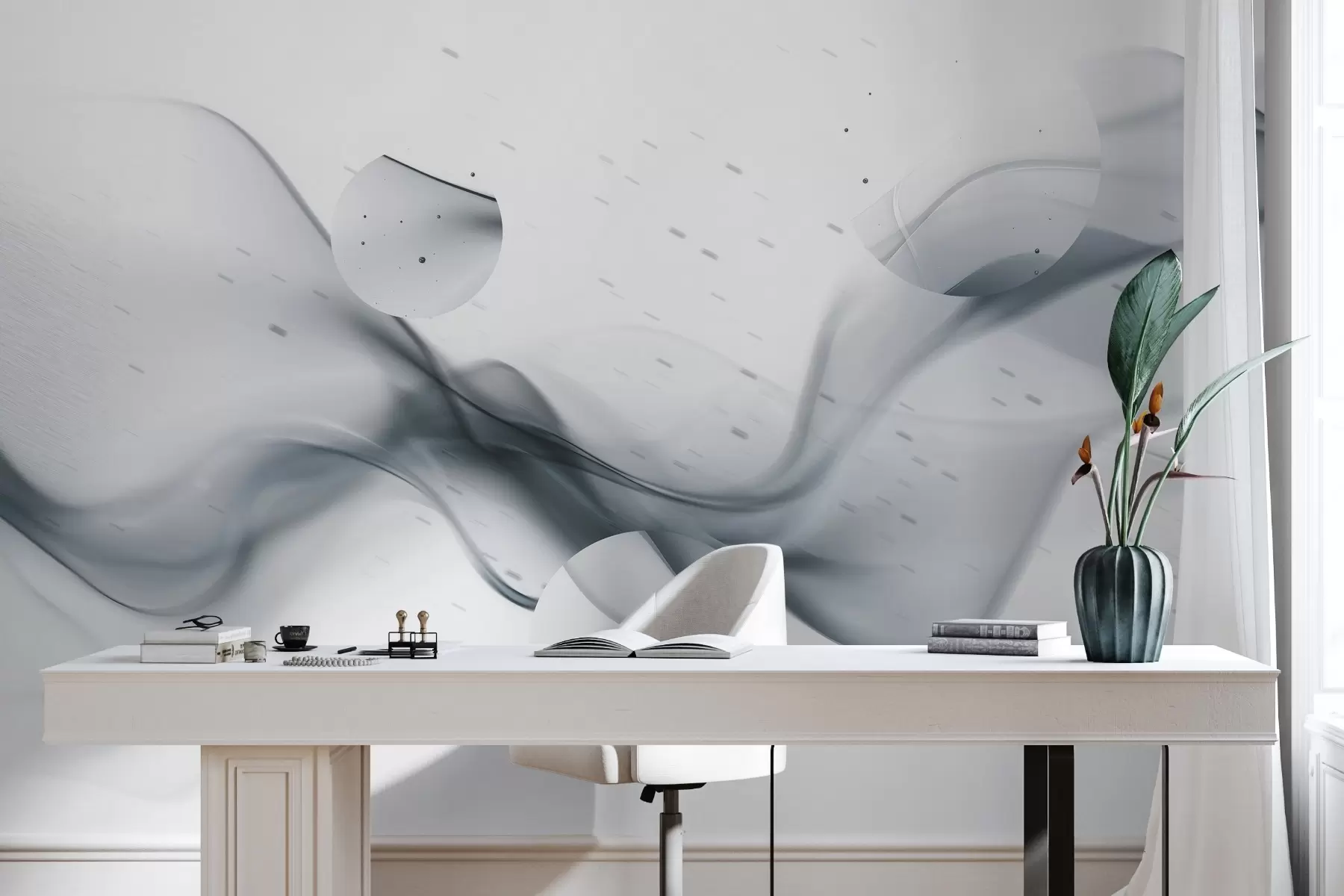 murais de parede Abstração de ondas geométricas, estilo desfocado, gradiente, cores cinzentas w03404v3