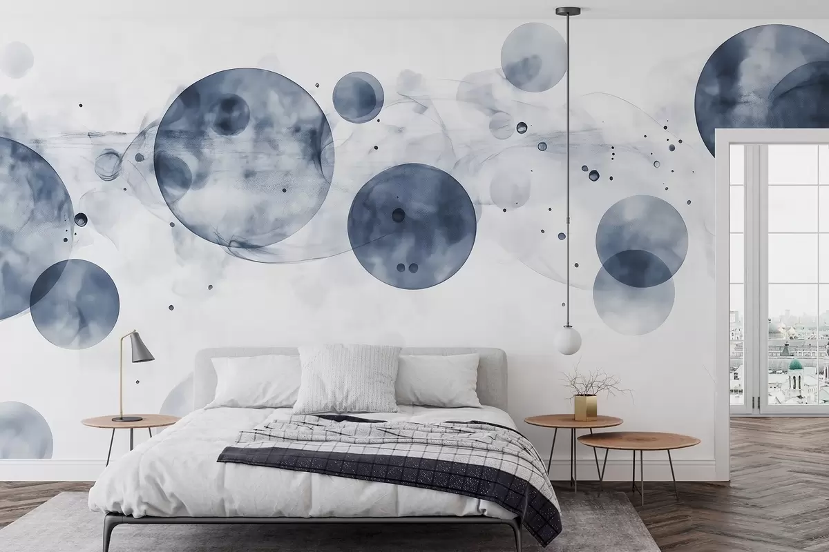 murais de parede Círculos em estilo aguarela, abstração, etéreo, arte fluida, cores cinzentas w03405