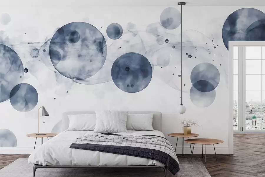 murais de parede Círculos em estilo aguarela, abstração, etéreo, arte fluida, cores cinzentas w03405