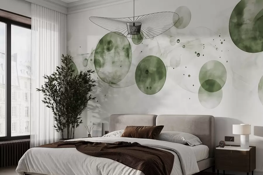 murais de parede Círculos em estilo aguarela, abstração, etéreo, arte fluida, cores verdes w03405v1