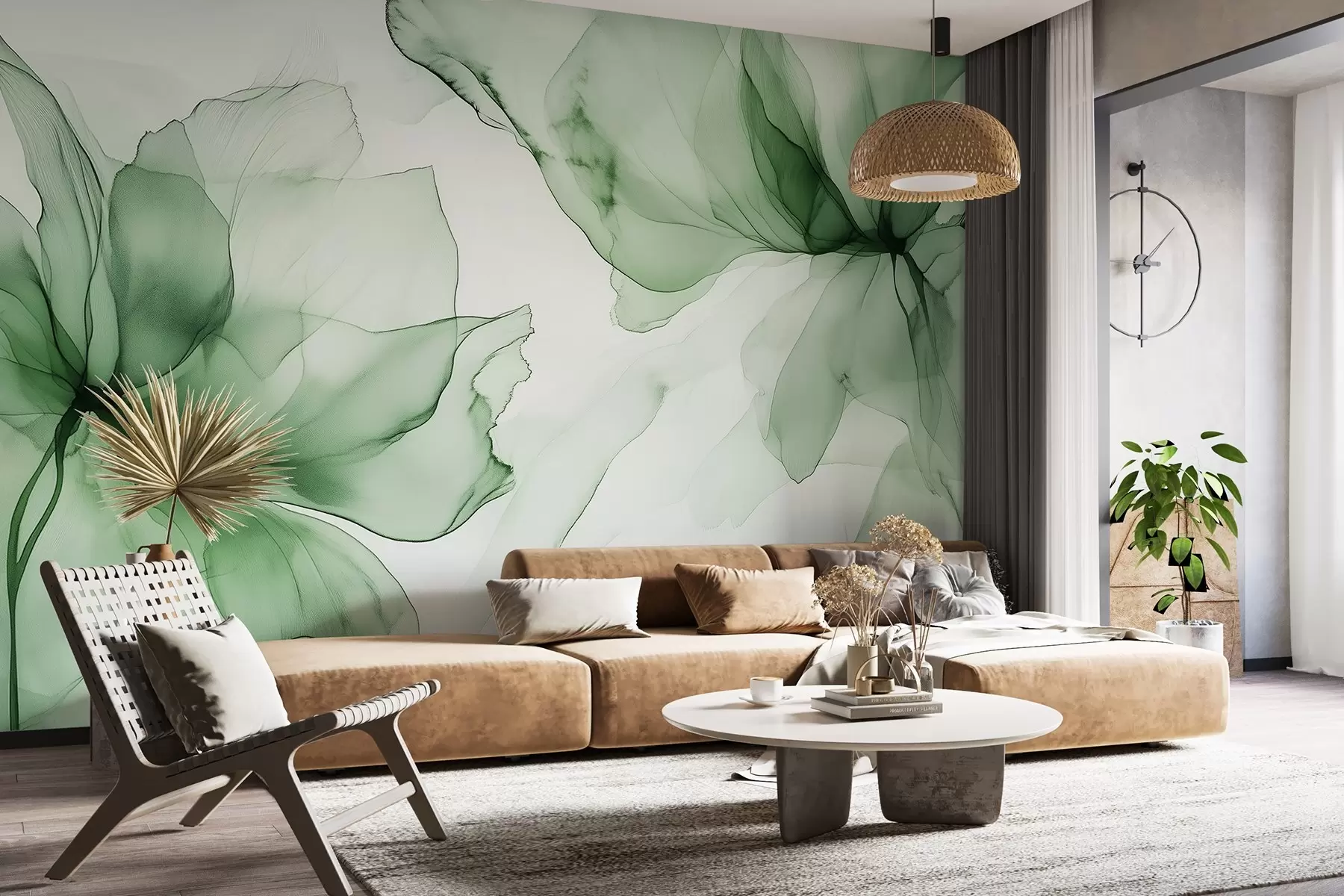 murais de parede Flores de estilo fluido, abstração floral, aguarela, paleta de cores verdes  w03406