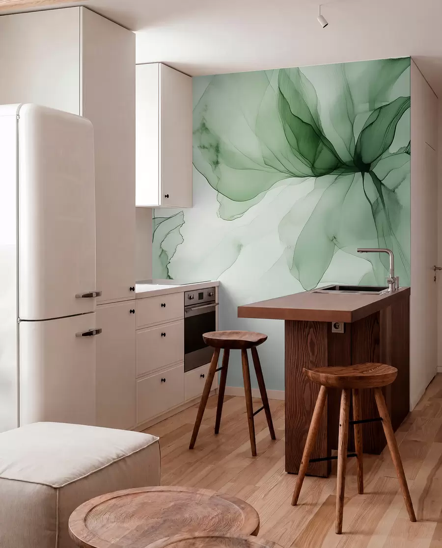 murais de parede Flores de estilo fluido, abstração floral, aguarela, paleta de cores verdes  w03406