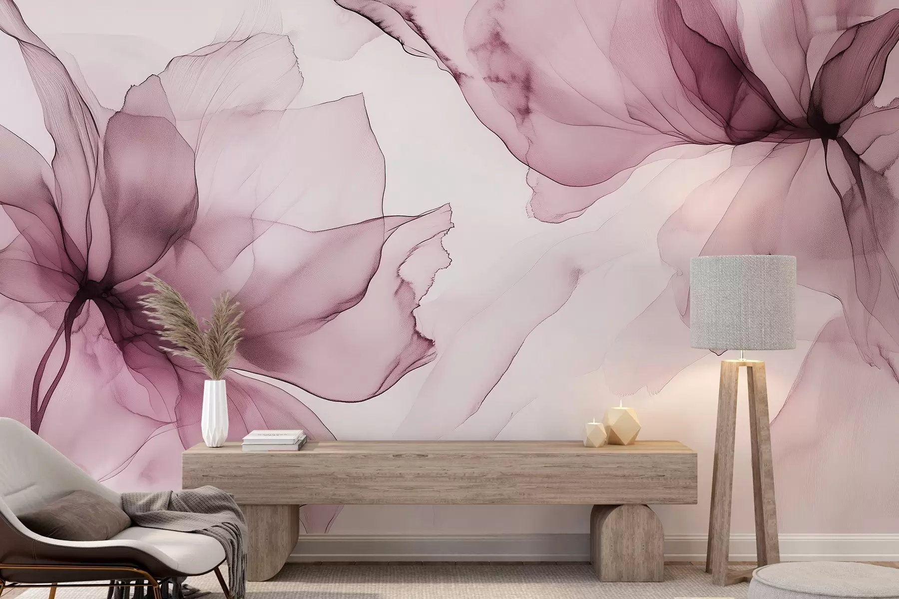 murais de parede Flores de estilo fluido, abstração floral, aguarela, paleta de cores rosa  w03406v1